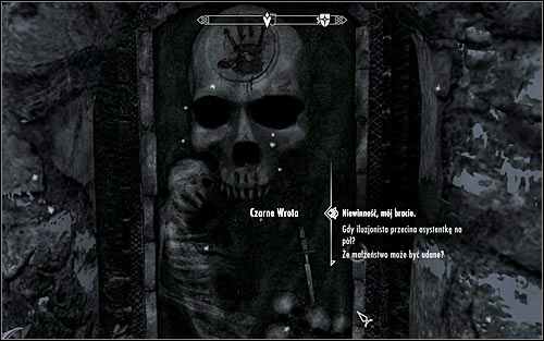 Walk to the Black Door, guarding an entrance to Dawnstar Sanctuary (screen above) and after you hear the voice, say a password from the Ciceros journal, which is Innocence, my Brother (first dialog option) - The Cure for Madness - p. 1 - The Dark Brotherhood quests - The Elder Scrolls V: Skyrim Game Guide