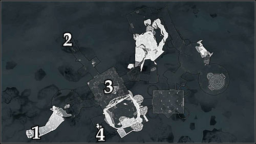 Symbols on the map: 1 - Starting point (College of Winterhold main square); 2 - Starting point (Hall of Countenance); 3 - Main room; 4 - Door leading to the Midden Dark. - Good Intentions - College of Winterhold quests - The Elder Scrolls V: Skyrim Game Guide
