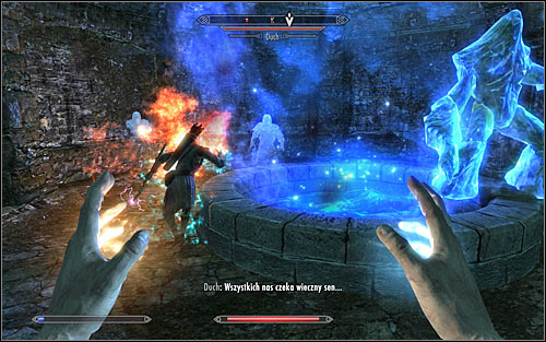 During this battle you will however be able to trick the Augur a bit, as he didnt forbid your party member from following you - Restoration Ritual Spell - College of Winterhold quests - The Elder Scrolls V: Skyrim Game Guide