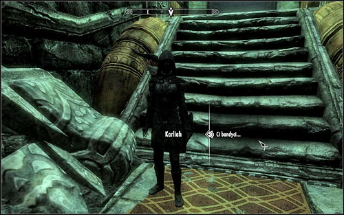 After riding the elevator onto the lower level, speak to Karliah - Blindsighted - Thieves Guild quests - The Elder Scrolls V: Skyrim Game Guide