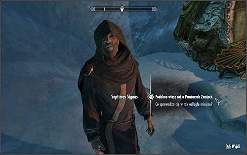 Go forward and after reaching a small cave carefully go down and initiate a conversation with Septimus Signus (screen above) - Finding Septimus Signus | Elder Knowledge - Elder Knowledge - The Elder Scrolls V: Skyrim Game Guide