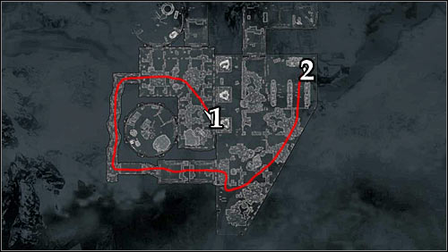 Markings on the map: Red line - suggested route; 1 - starting point; 2 - Portal (destination point). - A Night to Remember - p. 2 - Daedric quests - The Elder Scrolls V: Skyrim Game Guide
