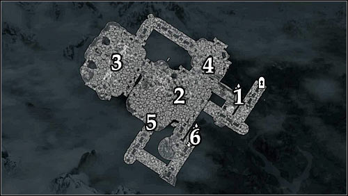 Markings on the map: 1 - Starting point; 2 - Stairs; 3 - Dining room; 4 - Lever; 5 - Passage unblocked by pulling the lever; 6 - Door leading onto the roof of the Dead Crone. - Pieces of the Past - p. 2 - Daedric quests - The Elder Scrolls V: Skyrim Game Guide