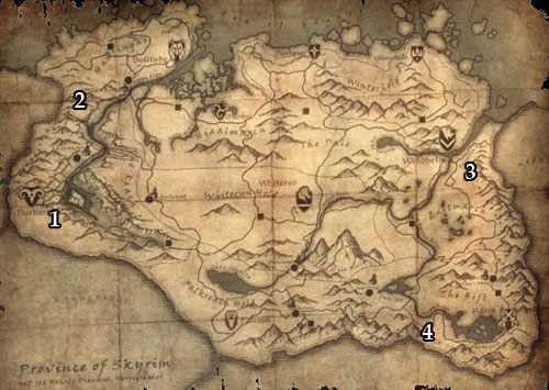 Markings on the map: 1 - Dushnikh Yal; 2 - Mor Khazgul; 3 - Narzulbur; 4 - Largashbur. - The Forgemasters Fingers | Side quests - Side quests - The Elder Scrolls V: Skyrim Game Guide