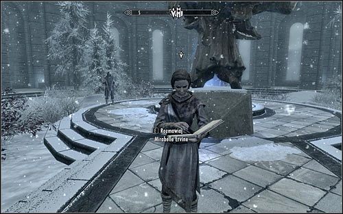 You should find Mirabelle Ervine on the main square of College of Winterhold (screen above) - First Lessons | Side quests - Side quests - The Elder Scrolls V: Skyrim Game Guide