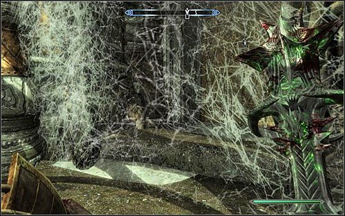Stay where you found Alethius and use any weapon or spells to cut through the spider-webs (screen above) - The Lost Expedition | Side quests - Side quests - The Elder Scrolls V: Skyrim Game Guide