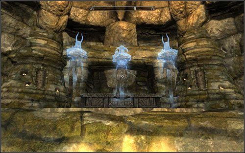 As you enter the next room, you will see three pedestal on which you have to place the amulet fragments - Forbidden Legend - p. 2 | Side quests - Side quests - The Elder Scrolls V: Skyrim Game Guide