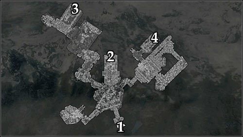 Markings on the map: 1 - Starting point (tomb entrance); 2 - Quest activation and passage to the Elders Cairn; 3 - Ceremonial axe; 4 - Ceremonial sword. - Silenced Tongues | Side quests - Side quests - The Elder Scrolls V: Skyrim Game Guide