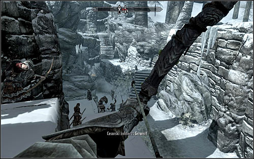 If your character prefers ranged combat, dont use the stairs at all and eliminate enemy soldiers from a safe distance instead (the above screen) - The Jagged Crown - p.1 | Imperial Legion Quests - Imperial Legion Quests - The Elder Scrolls V: Skyrim Game Guide