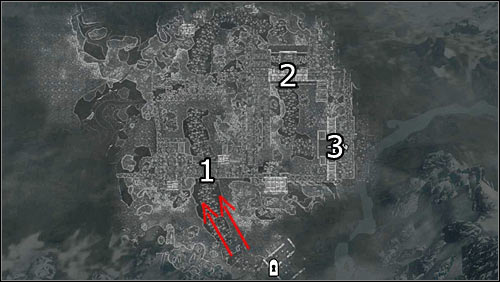 Labels on the map: Red arrows - direction of the enemy attack; 1 - the barricade, 2 - the drawbridge; 3 - Whiterun entrance - Battle for Whiterun | Imperial Legion Quests - Imperial Legion Quests - The Elder Scrolls V: Skyrim Game Guide