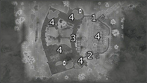 Labels on the map: 1 - north fort entrance; 2 - south fort entrance; 3 - the way into the west part of the fort; 4 - places from which enemy soldiers are usually coming from - Battle for Fort Dunstad | Imperial Legion Quests - Imperial Legion Quests - The Elder Scrolls V: Skyrim Game Guide