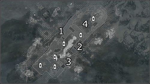 Labels on the map: 1 - northwest main entrance; 2 - southeast main entrance; 3 - small entrance (collapsed wall fragment); 4 - upper courtyard occupied mostly by archers - The Battle for Fort Greenwall | Imperial Legion Quests - Imperial Legion Quests - The Elder Scrolls V: Skyrim Game Guide