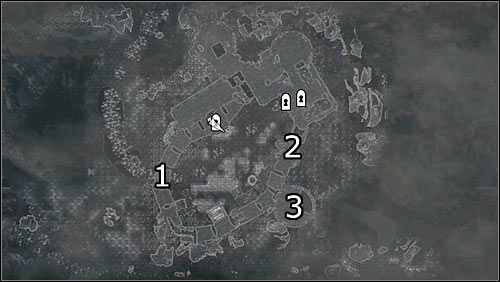 Labels on the map: 1 - main fort entrance; 2 - hole in the wall; 3 - suggested place for ranged attacks - The Battle for Fort Amol | Imperial Legion Quests - Imperial Legion Quests - The Elder Scrolls V: Skyrim Game Guide
