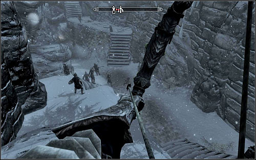 If your character prefers ranged combat, dont use the stairs at all but simply eliminate enemy soldiers from a distance (the above screen) - The Jagged Crown - p.1 | Stormcloak Rebellion Quests - Stormcloak Rebellion Quests - The Elder Scrolls V: Skyrim Game Guide