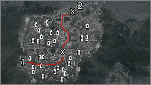 Labels on the map: red lines - available paths; 1 - starting point; 2 - Dragonsreach entrance; X - barricades you can break through - Battle for Whiterun | Stormcloak Rebellion Quests - Stormcloak Rebellion Quests - The Elder Scrolls V: Skyrim Game Guide