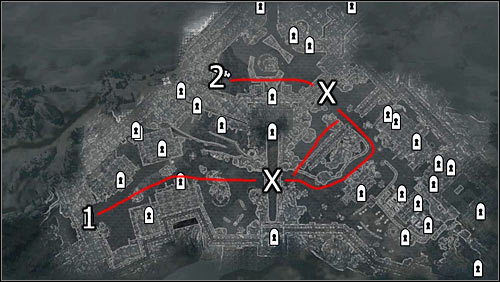 Labels on the map: red lines - available routes; 1 - starting point; 2 - Castle Dour entrance; X - barricades to break through - Battle for Solitude | Stormcloak Rebellion Quests - Stormcloak Rebellion Quests - The Elder Scrolls V: Skyrim Game Guide