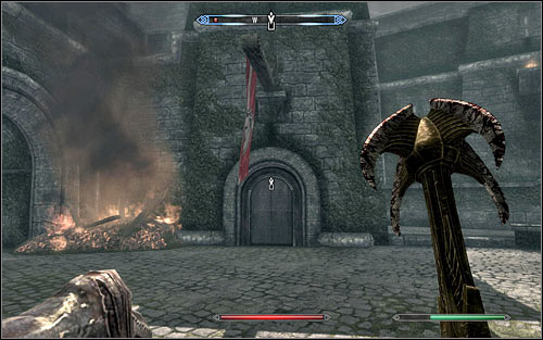New Legionnaires are waiting in the castle courtyard, and you can take care of them or run to the north door (the above screen) leading inside Castle Dour right away - Battle for Solitude | Stormcloak Rebellion Quests - Stormcloak Rebellion Quests - The Elder Scrolls V: Skyrim Game Guide