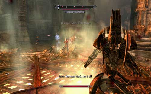 After you do it and approach the mechanism, you will be attacked by Dwemer robots - Lost to the Ages - p. 4 - Mutual side missions - The Elder Scrolls V: Skyrim - Dawnguard - Game Guide and Walkthrough
