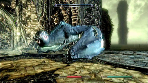 After reaching the top of the stairs, you will be attacked by a giant Dragon - Sahrotaar - Skyrim Dragonborn: Use the Bend Will Shout to tame Sahrotaar - Skyrim Dragonborn: Main story mode - At the Summit of Apocrypha - The Elder Scrolls V: Skyrim - Dragonborn Game Guide