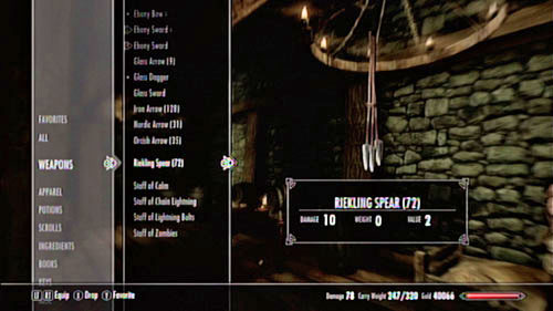 After obtaining the proper amount of spears, return to the quest giver and collect your gold reward (depending on your level) - Skyrim Dragonborn: Bring 50 Riekling Spears to Hilund - Skyrim Dragonborn: Other missions - The Elder Scrolls V: Skyrim - Dragonborn Game Guide