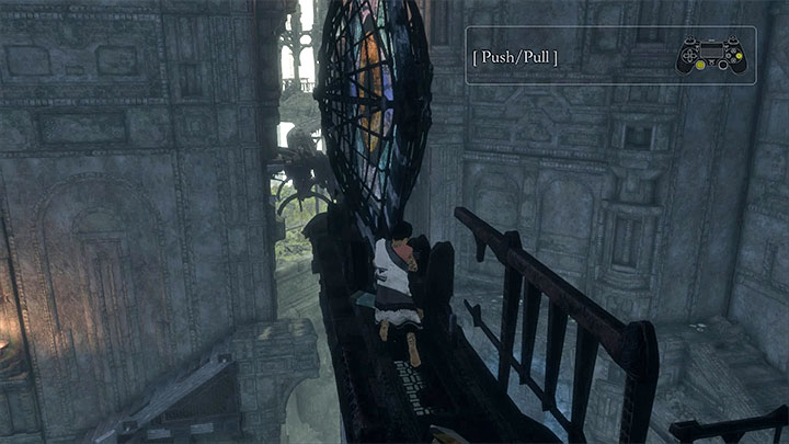 Push the stained glass pane off and it will smash. Thanks to this, Trico will be able to deal with suits of armor - Solve the chain puzzle in the chamber with suits of armor | Walkthrough - Walkthrough - The Last Guardian Game Guide