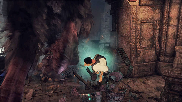 Trico will enter the action when the enemies had temporarily lost their shields. - Eliminate enemies with shields | Walkthrough - Walkthrough - The Last Guardian Game Guide