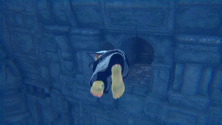 Here, you have to dive for the first time (the X button) within a small distance of the locked grate - Explore the cave behind the waterfall | Walkthrough - Walkthrough - The Last Guardian Game Guide