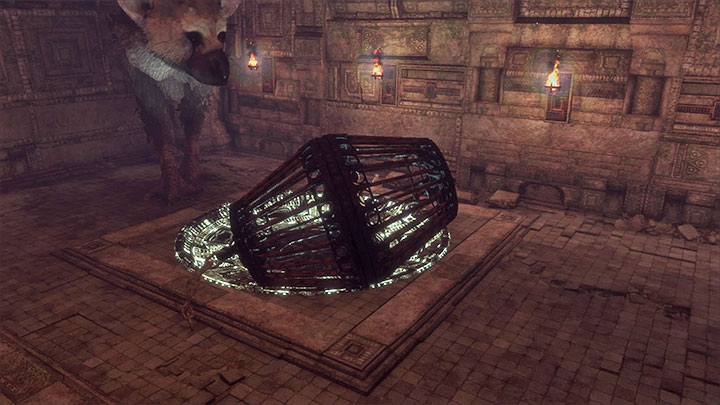 After the cage drops down onto the tree, stand by its end closer to the chasm, thanks to which it will change its position and roll down - Roll over the cage and leave the ruins with Trico | Walkthrough - Walkthrough - The Last Guardian Game Guide