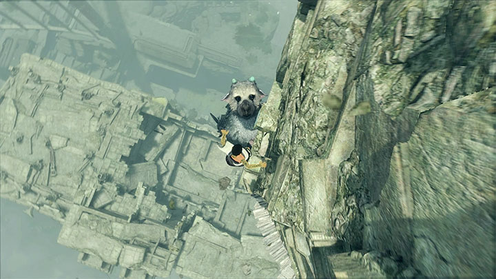 Once Trico hangs by the wall of the new tower, quickly get across to the small ledge, and move to the right to push the lever - Destroy the glass windows and explore the second tower | Walkthrough - Walkthrough - The Last Guardian Game Guide
