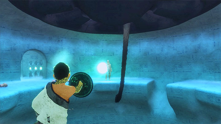 Return to the round cave to eliminate pursuing enemies using Tricos support - Unlock the tower and activate the ice elevator | Walkthrough - Walkthrough - The Last Guardian Game Guide