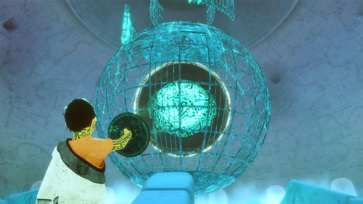 Keep in mind that the black coating surrounding the Master of the Valley can be light up only for a set amount of time - Climb on the sphere (Master of the Valley) | Walkthrough - Walkthrough - The Last Guardian Game Guide