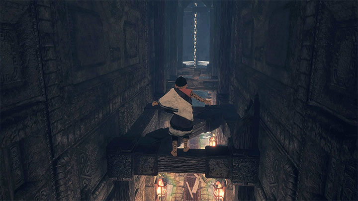 Turn back and take interest in the wooden beams shown in the above screenshot - Defeat the suits of armour and get out of the cage area | Walkthrough - Walkthrough - The Last Guardian Game Guide