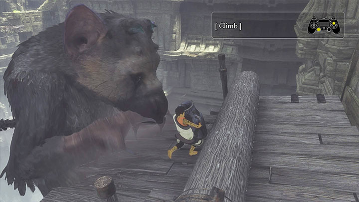 Remove the vat and let the log roll into the chasm - Walk over the big scaffolding | Walkthrough - Walkthrough - The Last Guardian Game Guide