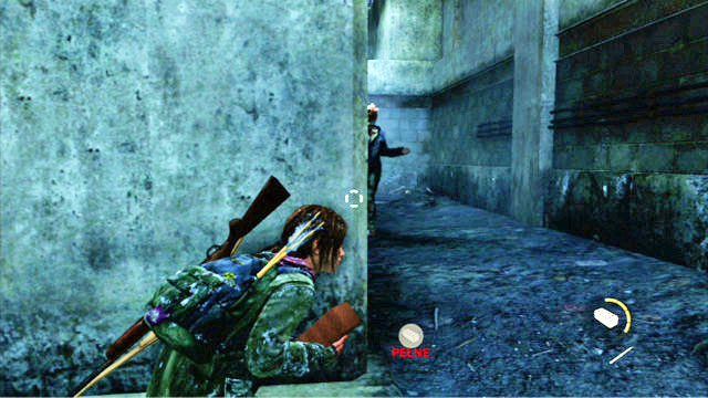 When the enemy that is the closest to you starts going right, you need to sneak ahead a bit and jump into the hole to the left - The Last of Us: The Hunt, Lakeside Resort Walkthrough - Lakeside Resort - The Last of Us Guide