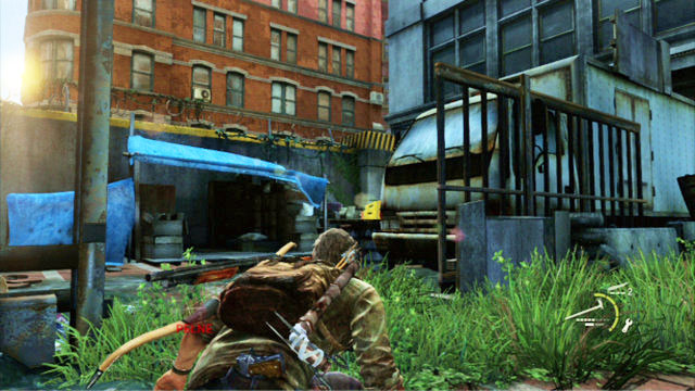 Use your bow to shoot him as soon as he turns away, and walk over to the wall on the right - The Last of Us: Financial District, Pittsburgh Walkthrough, map - Pittsburgh - The Last of Us Guide