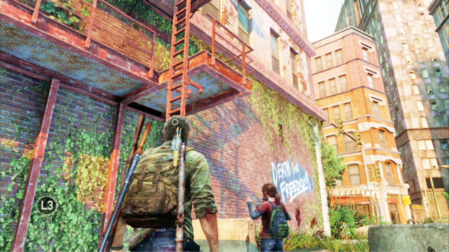 To go further, approach the fire escape next to the tank and give Ellie a boost - The Last of Us: Financial District, Pittsburgh Walkthrough, map - Pittsburgh - The Last of Us Guide