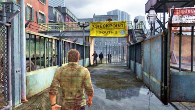 As soon as you are done eavesdropping, approach the exit guarded by soldiers and produce your ID - The Last of Us: 20 Years Later, The Quarantine Zone Walkthrough - The Quarantine Zone - The Last of Us Guide