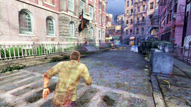 A moment later, there will be an explosion, after which you need to turn around (pull the left analog stick down + X) and follow your companion (press and hold down the L2 button) - The Last of Us: 20 Years Later, The Quarantine Zone Walkthrough - The Quarantine Zone - The Last of Us Guide