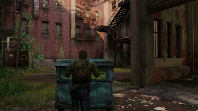 To reach the fire escape, you need to find a nearby container and keep pushing it until you will be able to reach the steps - The Last of Us: The Cargo, The Quarantine Zone Walkthrough, map - The Quarantine Zone - The Last of Us Guide