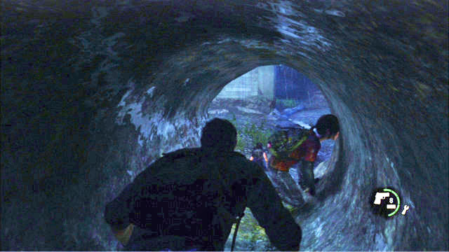 After it finishes, crouch and walk over to the other end of the tunnel - The Last of Us: Outside, The Outskirts Walkthrough - The Outskirts - The Last of Us Guide