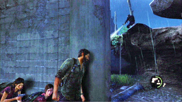 At first, go ahead; as soon as the soldier turns away, sneak quickly to the wall to the right - The Last of Us: Outside, The Outskirts Walkthrough - The Outskirts - The Last of Us Guide