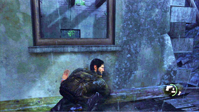 To the left of the man, you will find a staircase to the window, which you need to jump through - The Last of Us: Outside, The Outskirts Walkthrough - The Outskirts - The Last of Us Guide