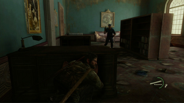 As soon as the third one drops dead, go right and kill the man walking between the chest and the shelf - The Last of Us: The Capitol Building, The Outskirts Walkthrough, map - The Outskirts - The Last of Us Guide