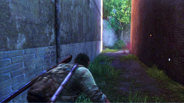 If you take a left turn behind the music shop, you will witness a clickers death after it walked into a trap - The Last of Us: The Woods, Bills Town Walkthrough - Bills Town - The Last of Us Guide