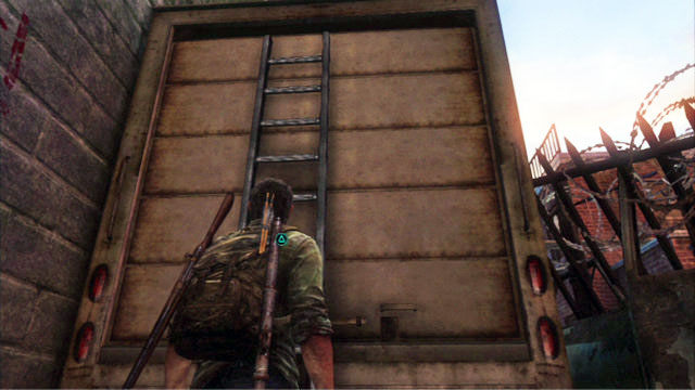 Reach the end of the alley, pick up the arrows stuck in the corpse and climb up to the trucks roof by climbing the ladder that you can find nearby - The Last of Us: The Woods, Bills Town Walkthrough - Bills Town - The Last of Us Guide