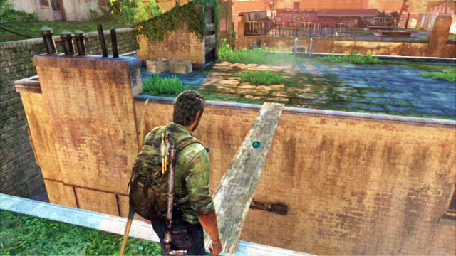 You will then be able to climb the ladder, collect the plank and throw it over to the rooftop of the nearby building - The Last of Us: The Woods, Bills Town Walkthrough - Bills Town - The Last of Us Guide