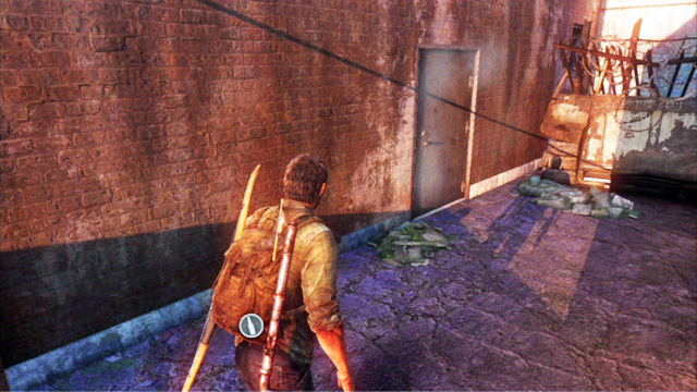 After you reach the end of the wall, turn left and explore thoroughly the building with the moving door - The Last of Us: The Woods, Bills Town Walkthrough - Bills Town - The Last of Us Guide