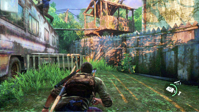 Squeeze past the monsters and, while avoiding getting into fight, make it over to the other side of the building - The Last of Us: Graveyard, Bills Town Walkthrough - Bills Town - The Last of Us Guide