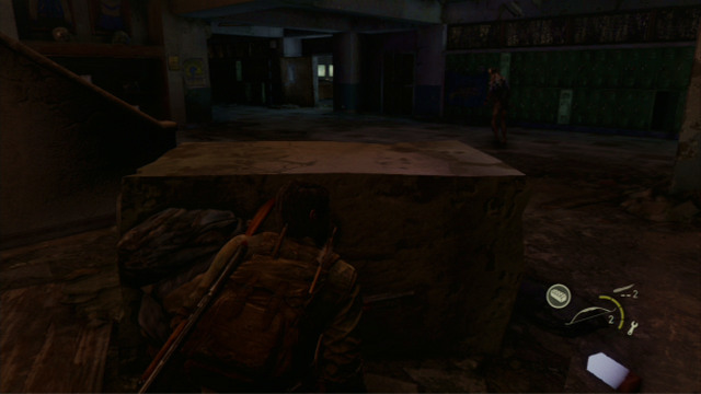Crouch immediately inside the building and slowly make it over to the cover on the left - The Last of Us: High School Escape, Bills Town Walkthrough, map - Bills Town - The Last of Us Guide