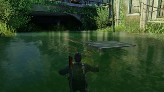 After the cutscene finishes, walk into the water and keep swimming ahead, until you see a drifting plank - The Last of Us: Alone and Forsaken, Pittsburgh Walkthrough, map - Pittsburgh - The Last of Us Guide